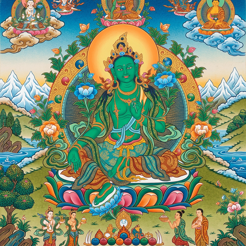 Green Tara seated on a lotus, surrounded by deities and mountain scenery